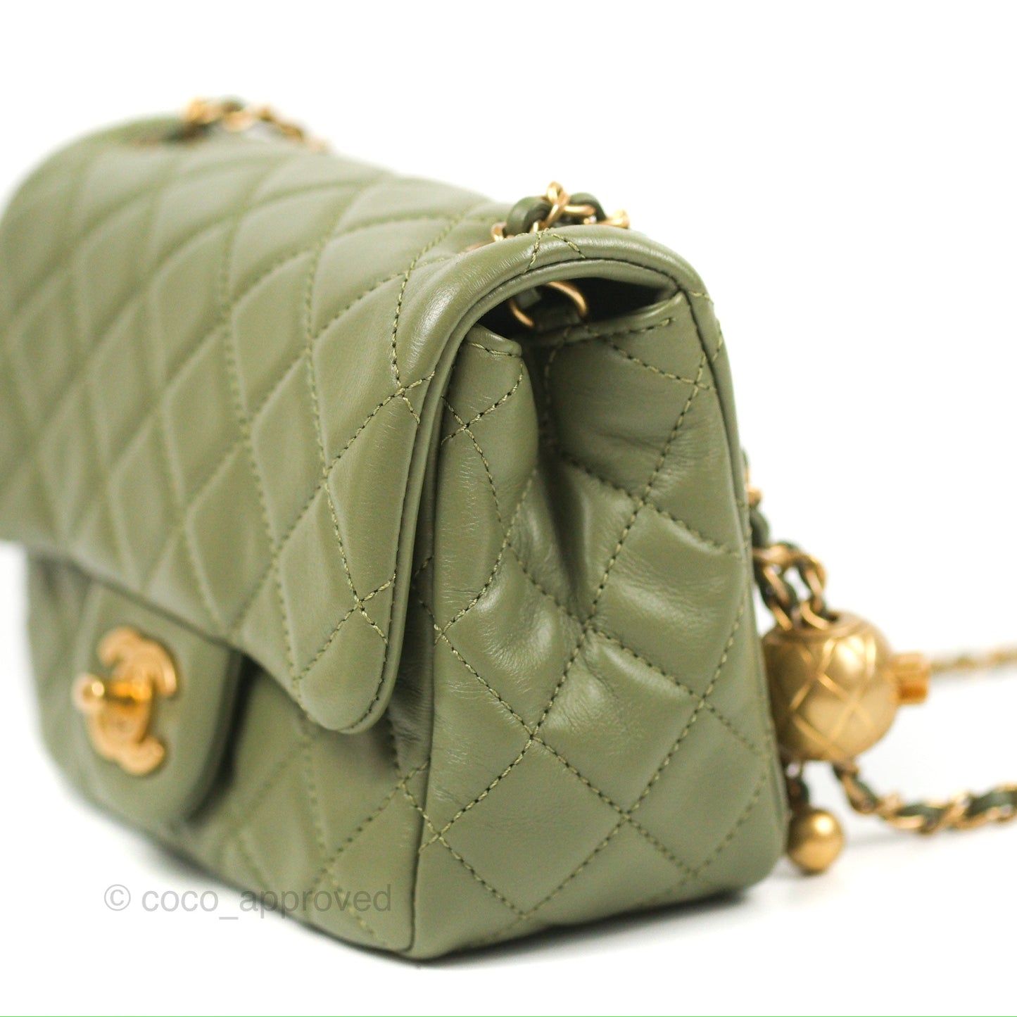 Chanel Pearl Crush Mini Square Quilted Olive Green Lambskin Aged Gold Hardware