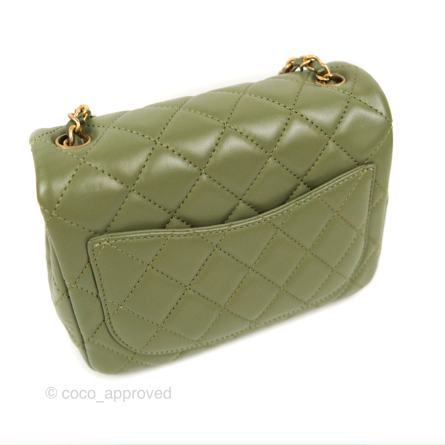 Chanel Pearl Crush Mini Square Quilted Olive Green Lambskin Aged Gold Hardware