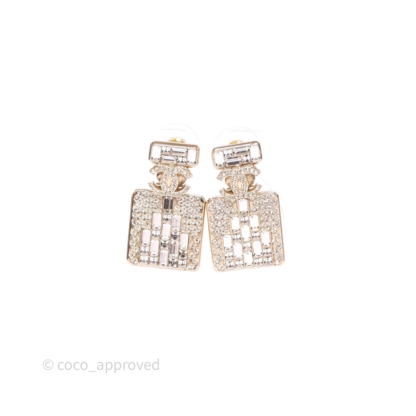 Chanel Crystal Perfume Bottle Pendant Earrings Gold Tone 23P