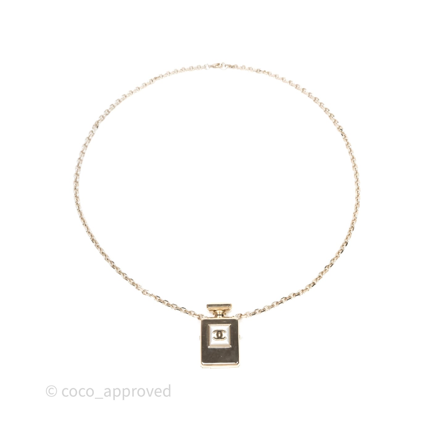 Chanel CC Pearl Perfume Bottle Locket Long Necklace Gold Tone 22S