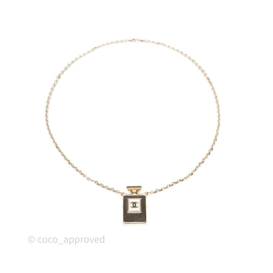 Chanel CC Pearl Perfume Bottle Locket Long Necklace Gold Tone 22S