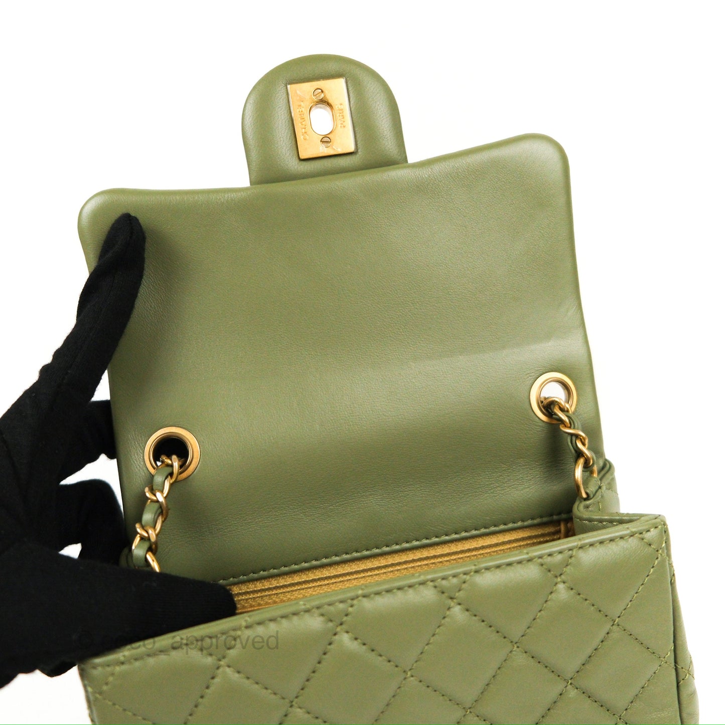 Chanel Pearl Crush Mini Square Quilted Olive Green Lambskin Aged Gold Hardware
