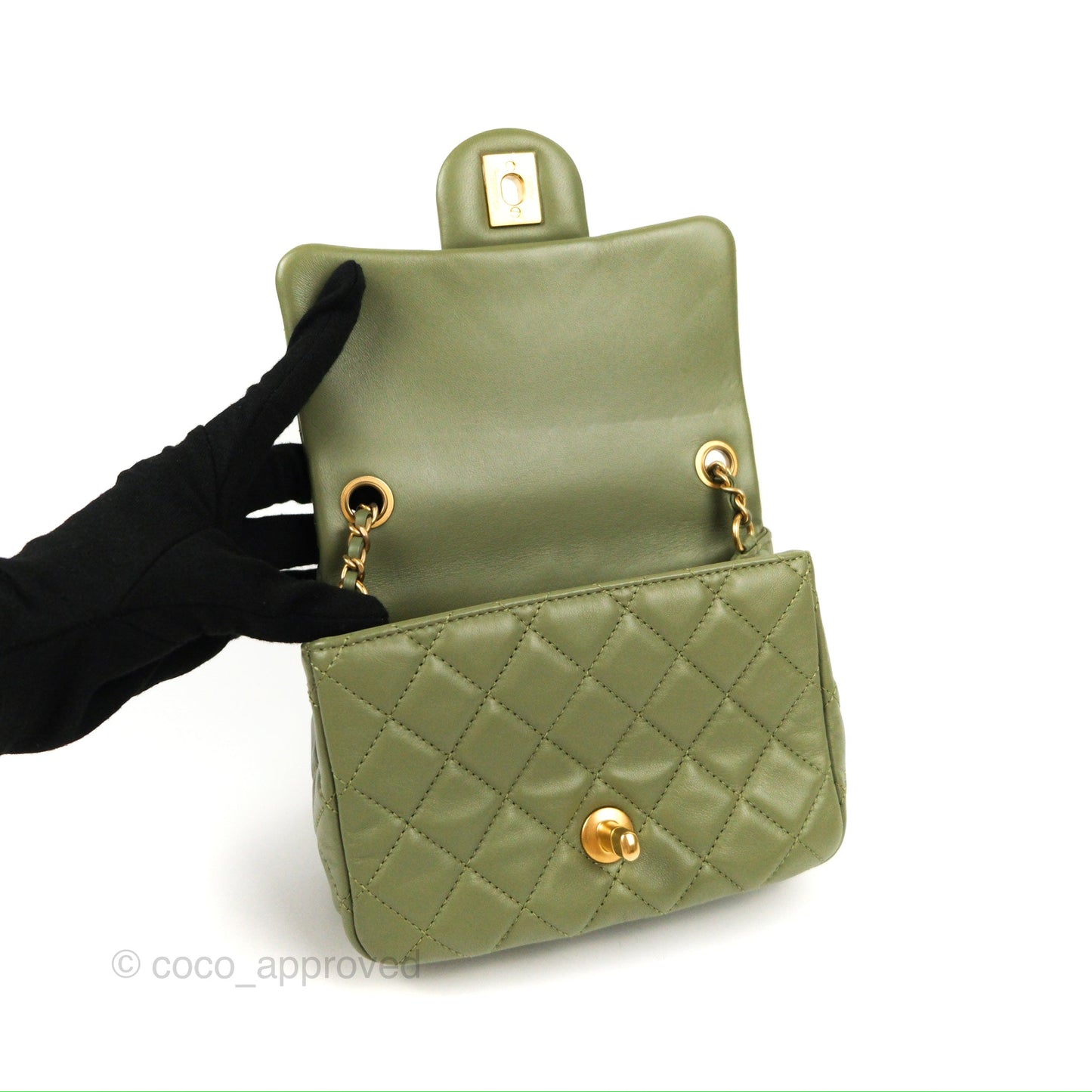 Chanel Pearl Crush Mini Square Quilted Olive Green Lambskin Aged Gold Hardware