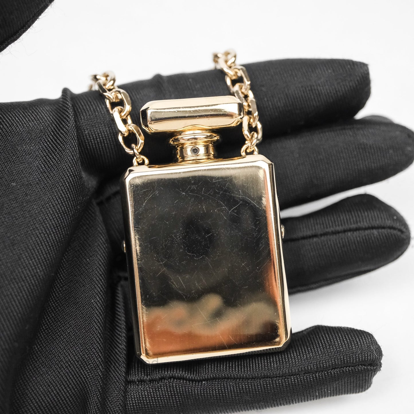Chanel CC Pearl Perfume Bottle Locket Long Necklace Gold Tone 22S