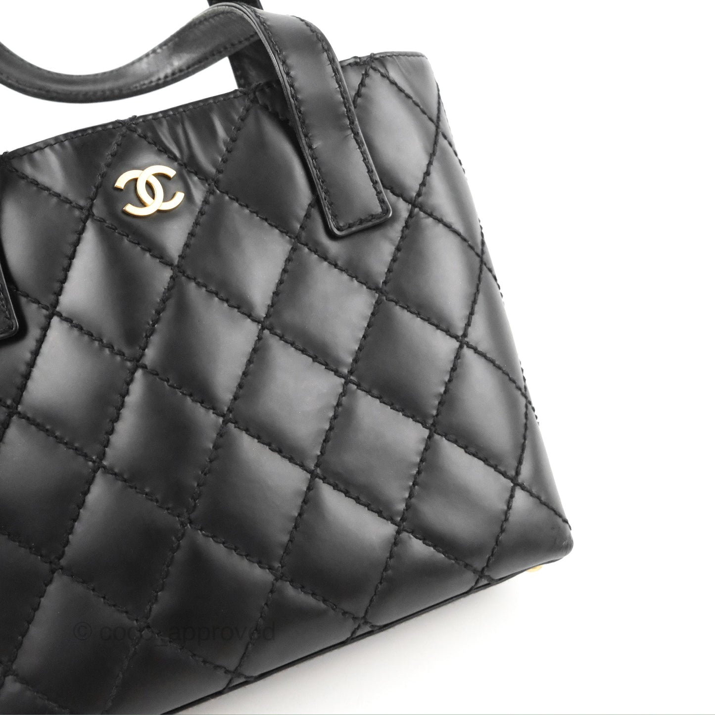 Chanel Vintage Quilted CC Tote Bag Matte Black Calfskin Gold Hardware