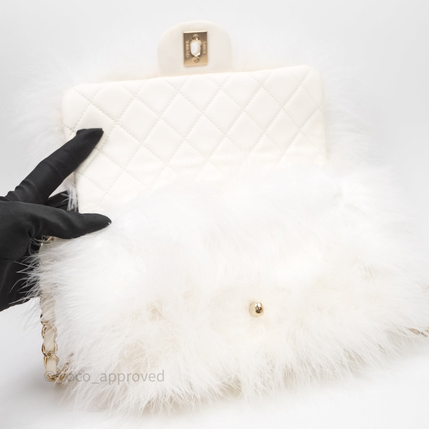 Chanel Quilted Fur Flap Bag White Gold Hardware