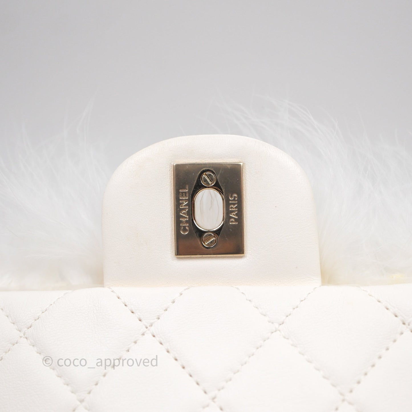 Chanel Quilted Fur Flap Bag White Gold Hardware