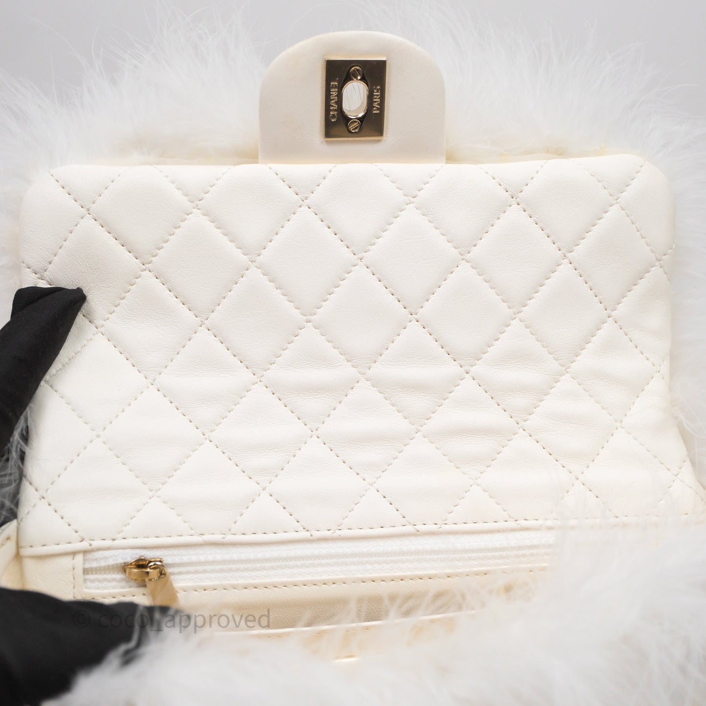 Chanel Quilted Fur Flap Bag White Gold Hardware