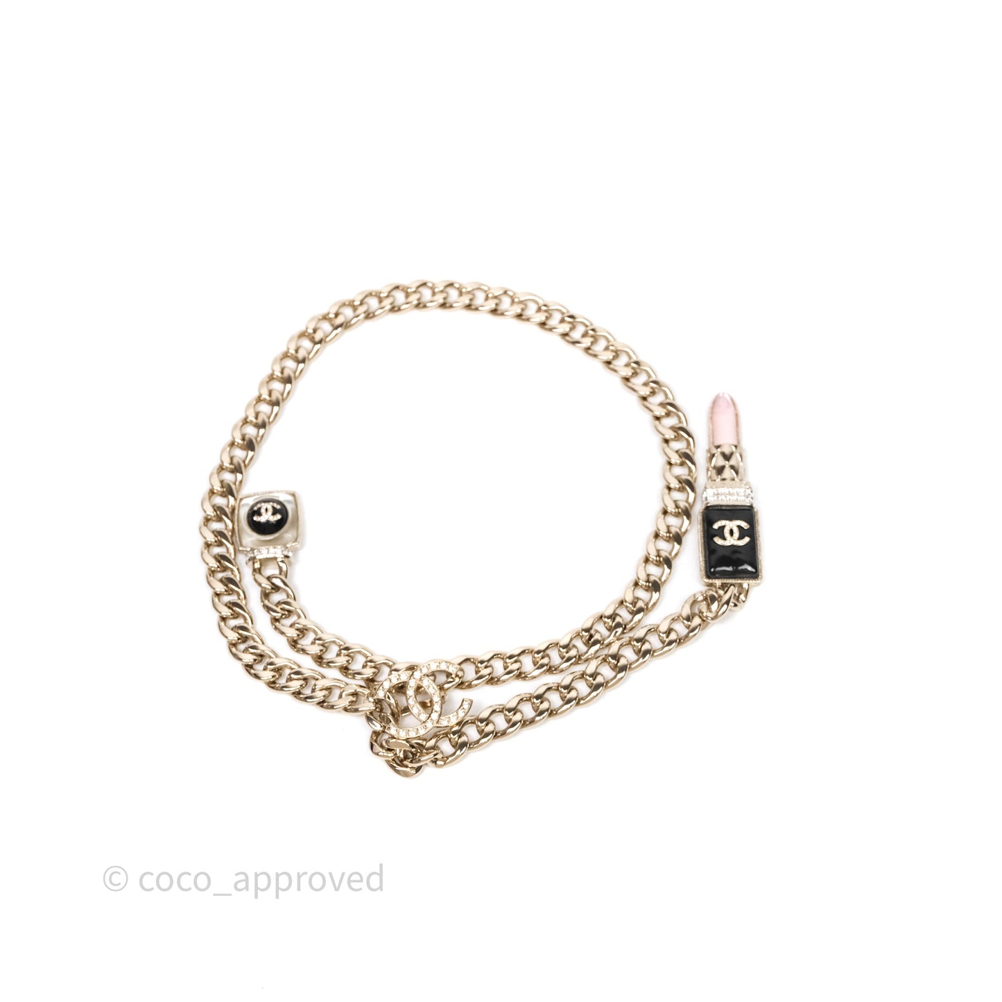 Chanel Crystal Resin Lipstick Charm Long Necklace Gold Tone 22C