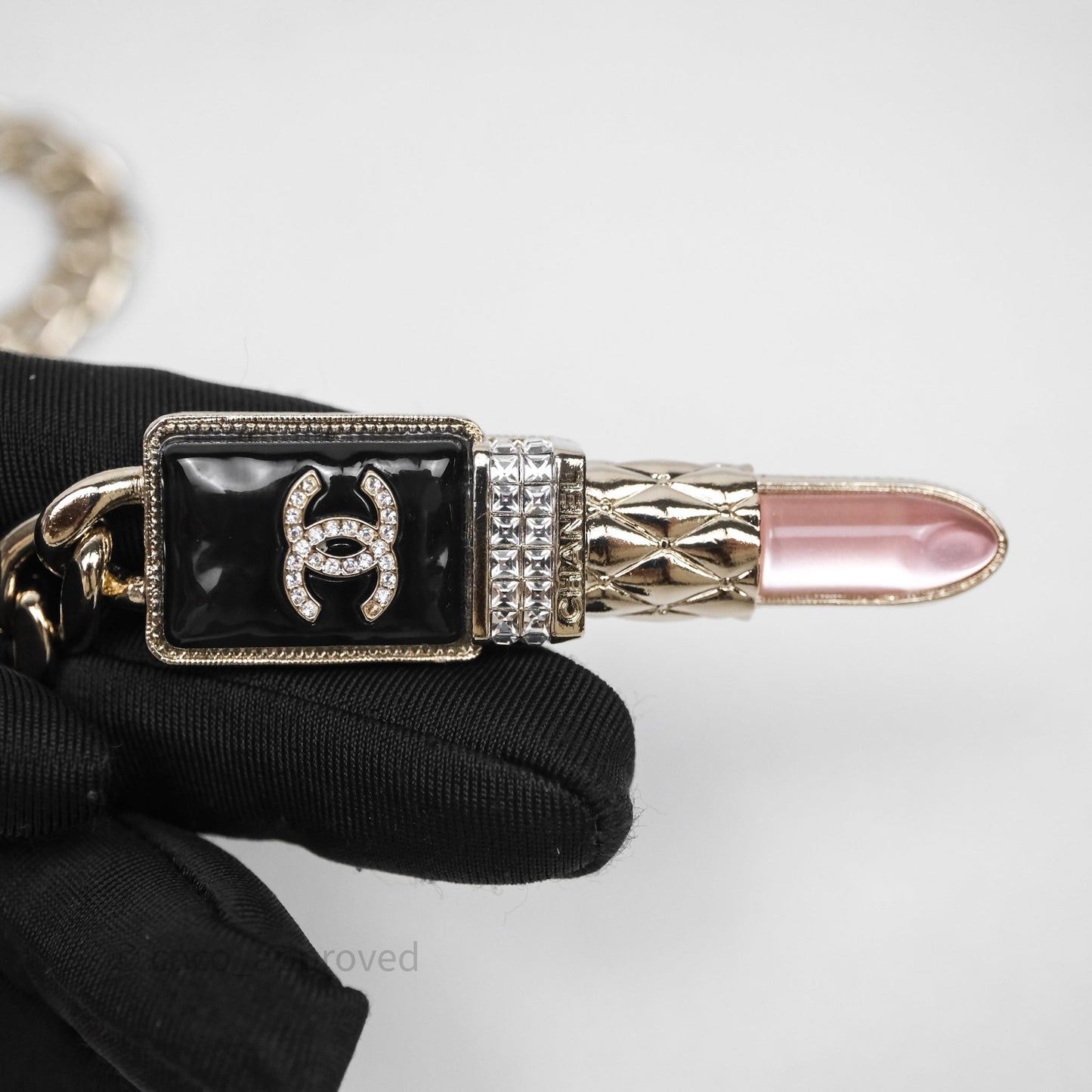 Chanel Crystal Resin Lipstick Charm Long Necklace Gold Tone 22C