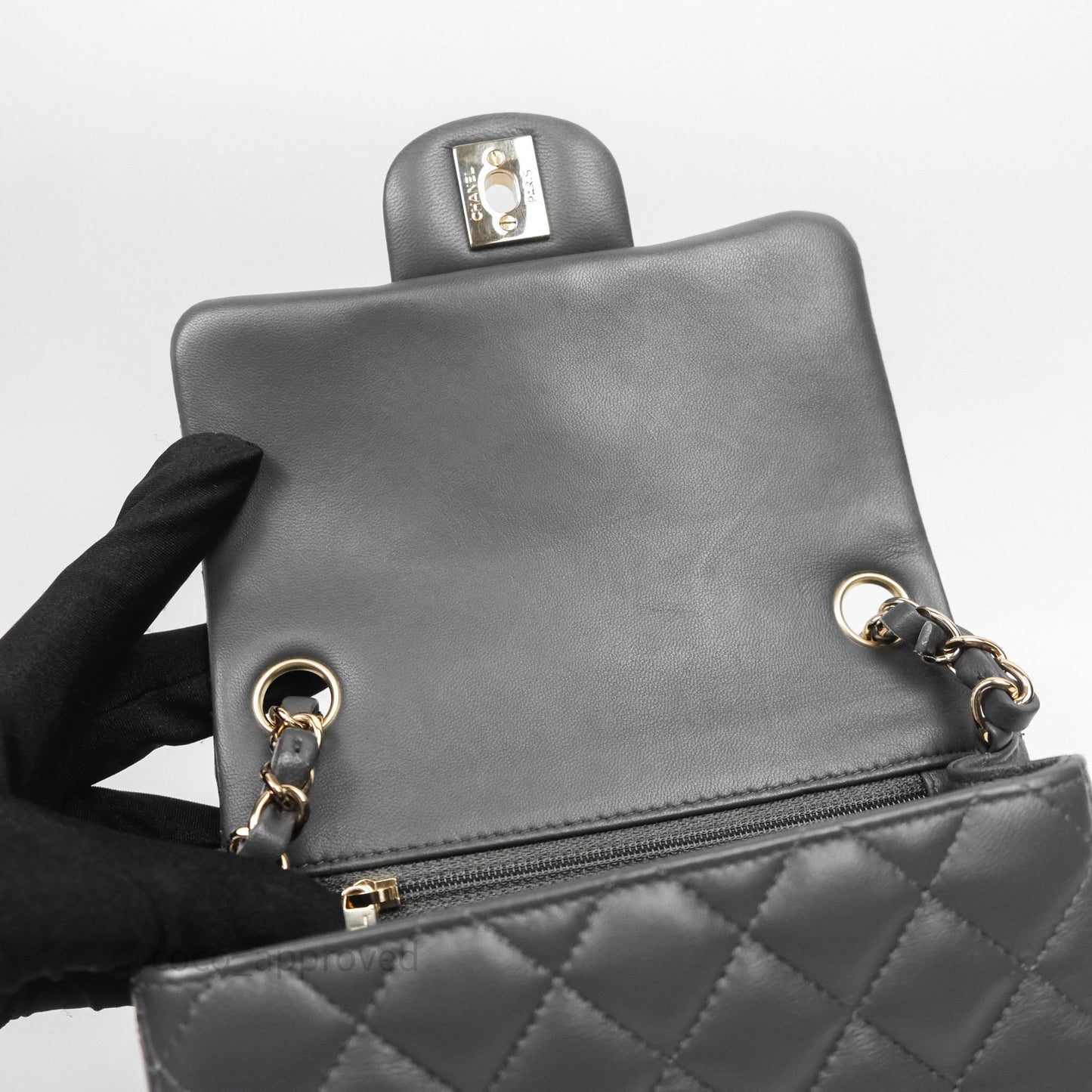 Chanel Mini Square Flap Quilted Grey Lambskin Gold Hardware