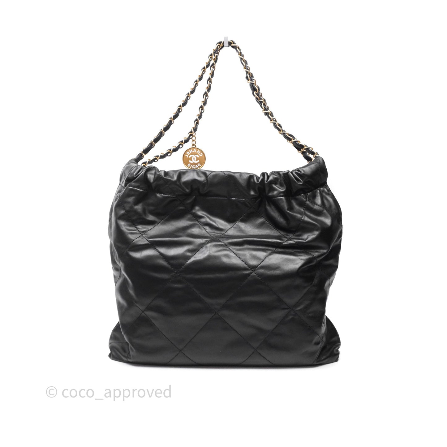 Chanel 22 Medium Black Crumpled Calfskin White Logo Aged Gold Hardware