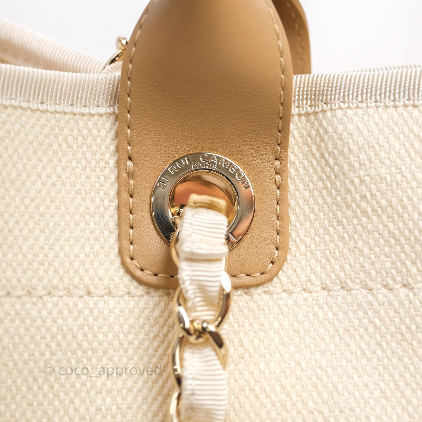 Chanel Large Deauville Light Beige Canvas Imitation Pearl