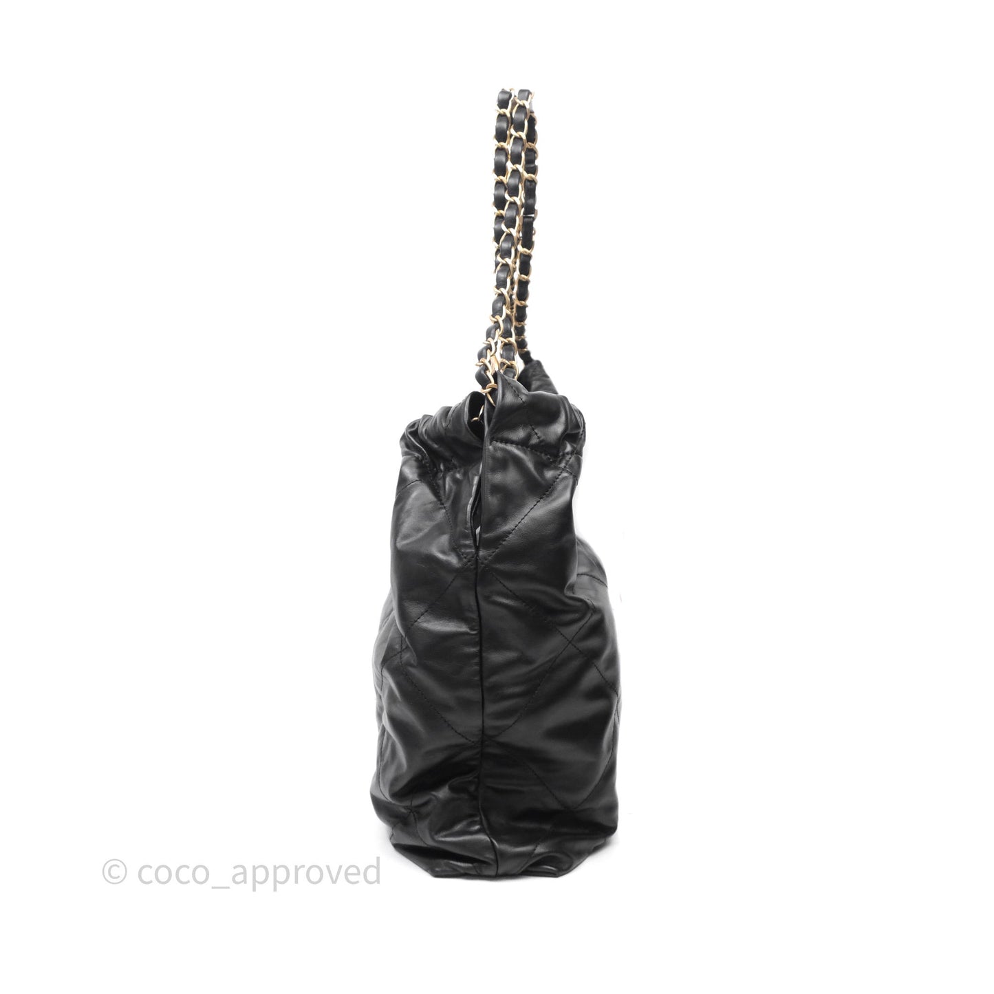 Chanel 22 Medium Black Crumpled Calfskin White Logo Aged Gold Hardware
