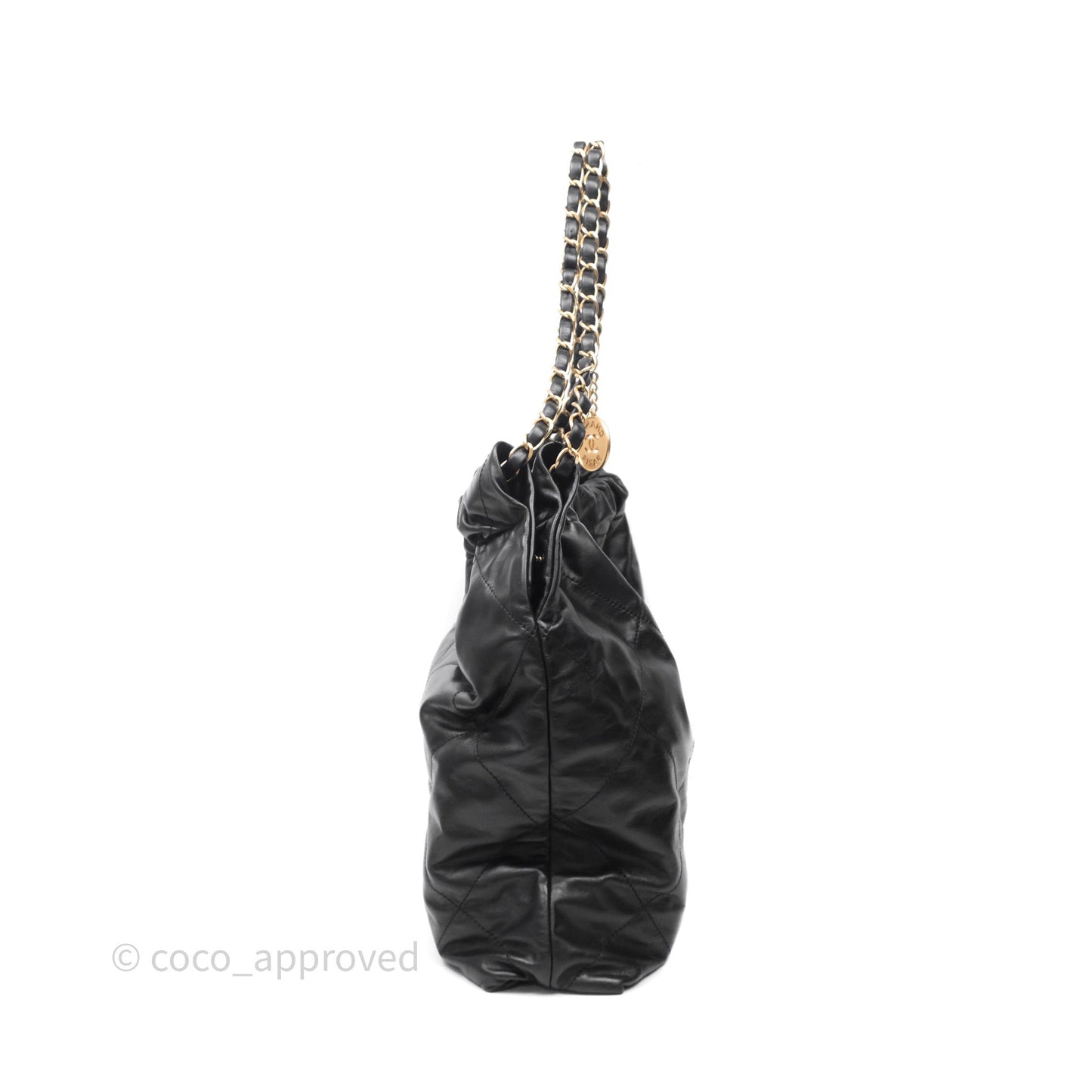 Chanel 22 Medium Black Crumpled Calfskin White Logo Aged Gold Hardware
