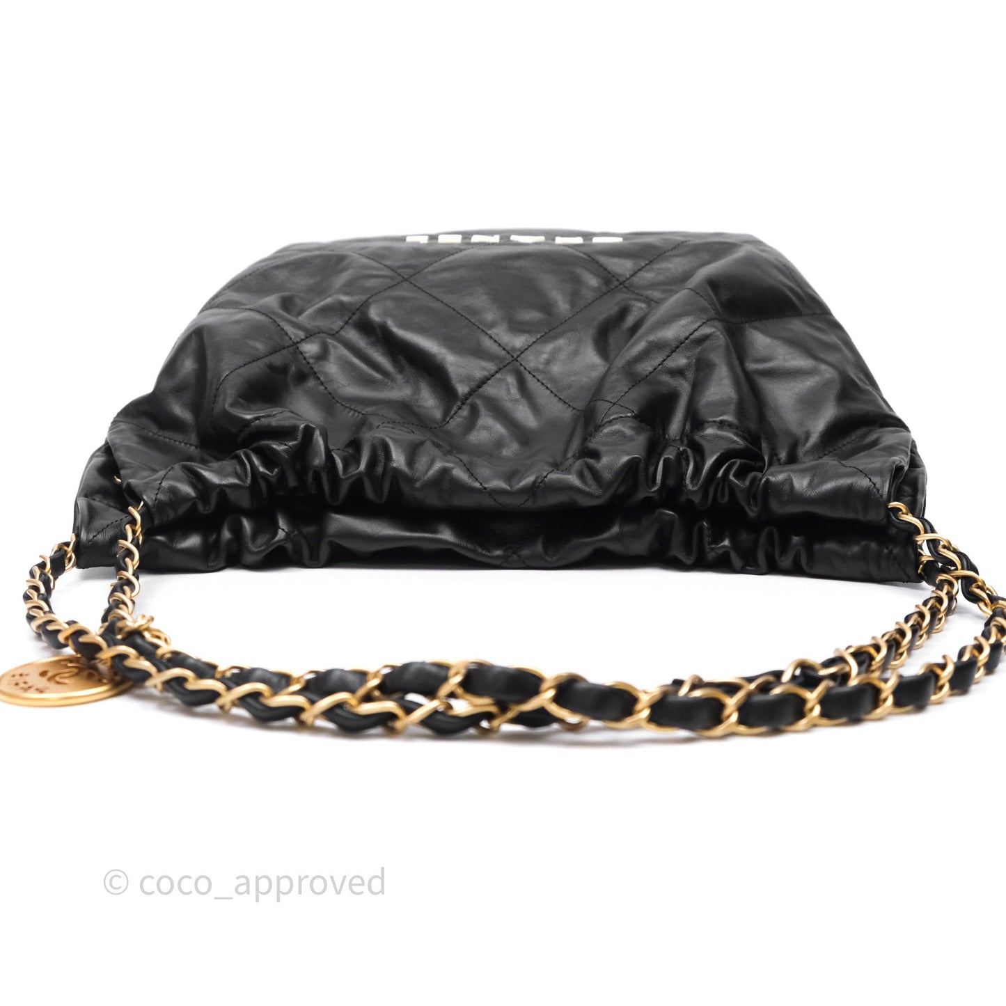 Chanel 22 Medium Black Crumpled Calfskin White Logo Aged Gold Hardware
