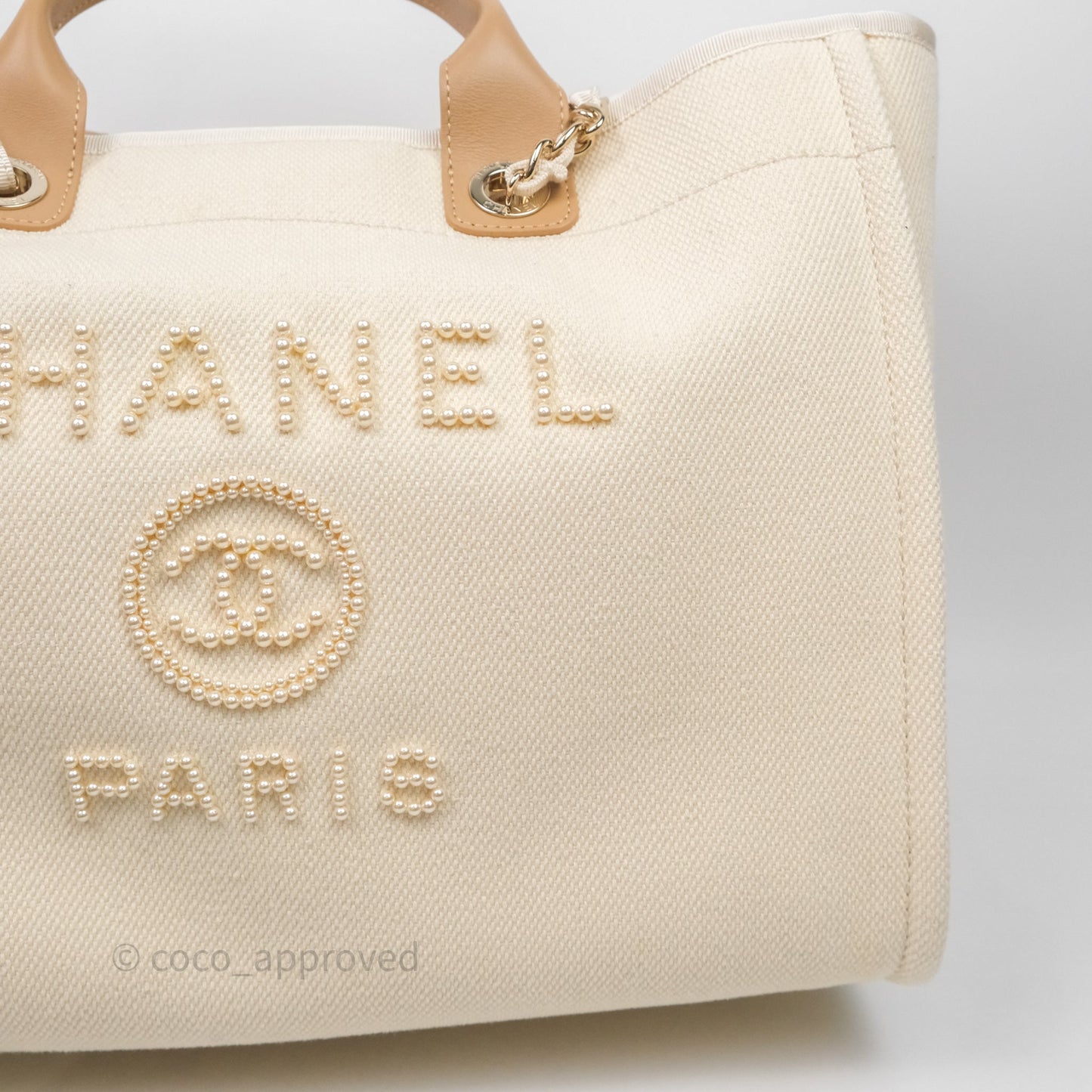 Chanel Large Deauville Light Beige Canvas Imitation Pearl