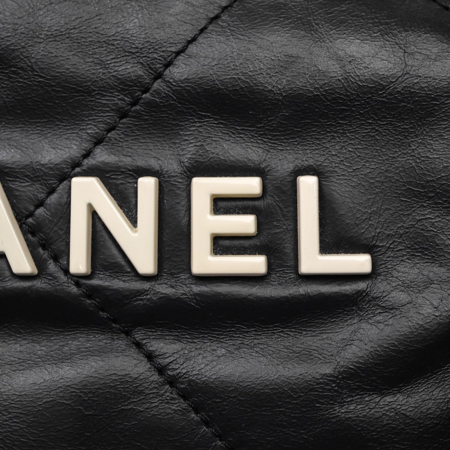 Chanel 22 Medium Black Crumpled Calfskin White Logo Aged Gold Hardware