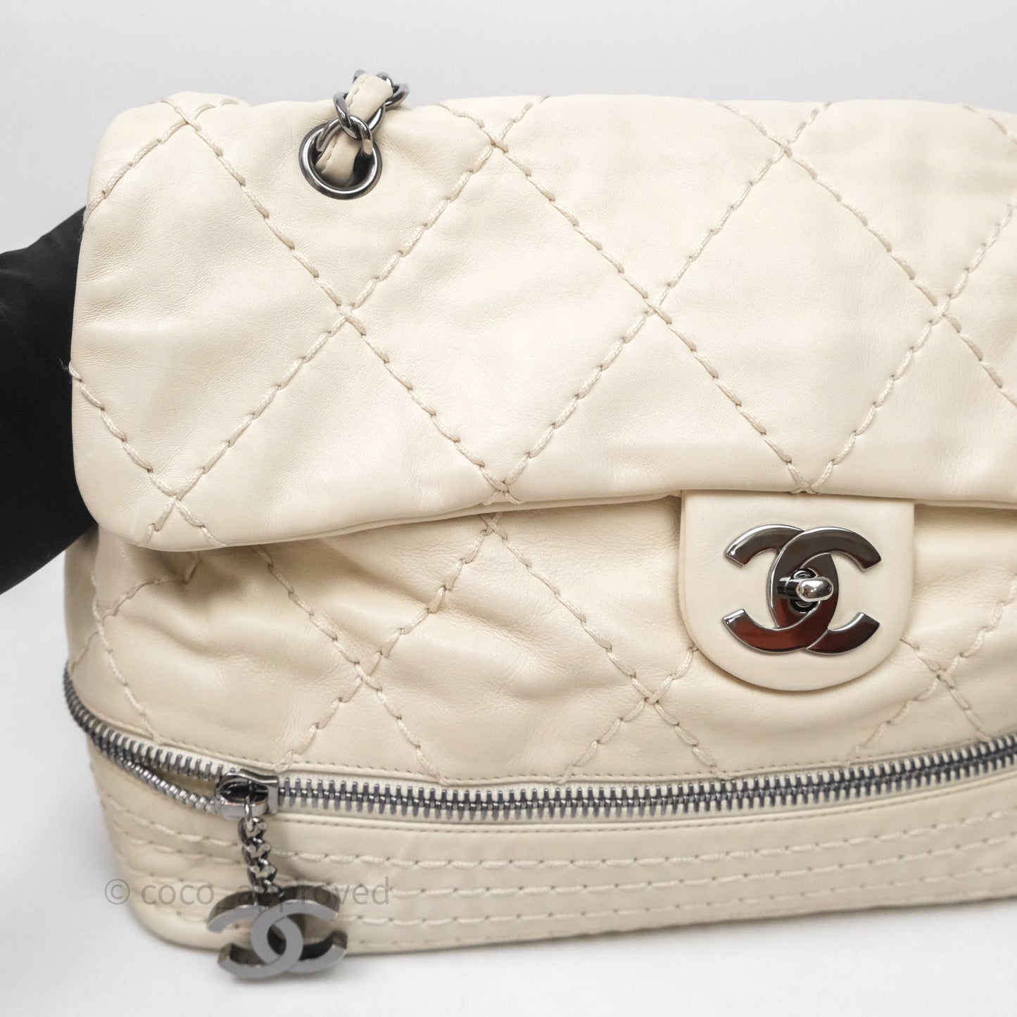 Chanel Expandable Ligne Flap Bag Ivory White Silver Hardware