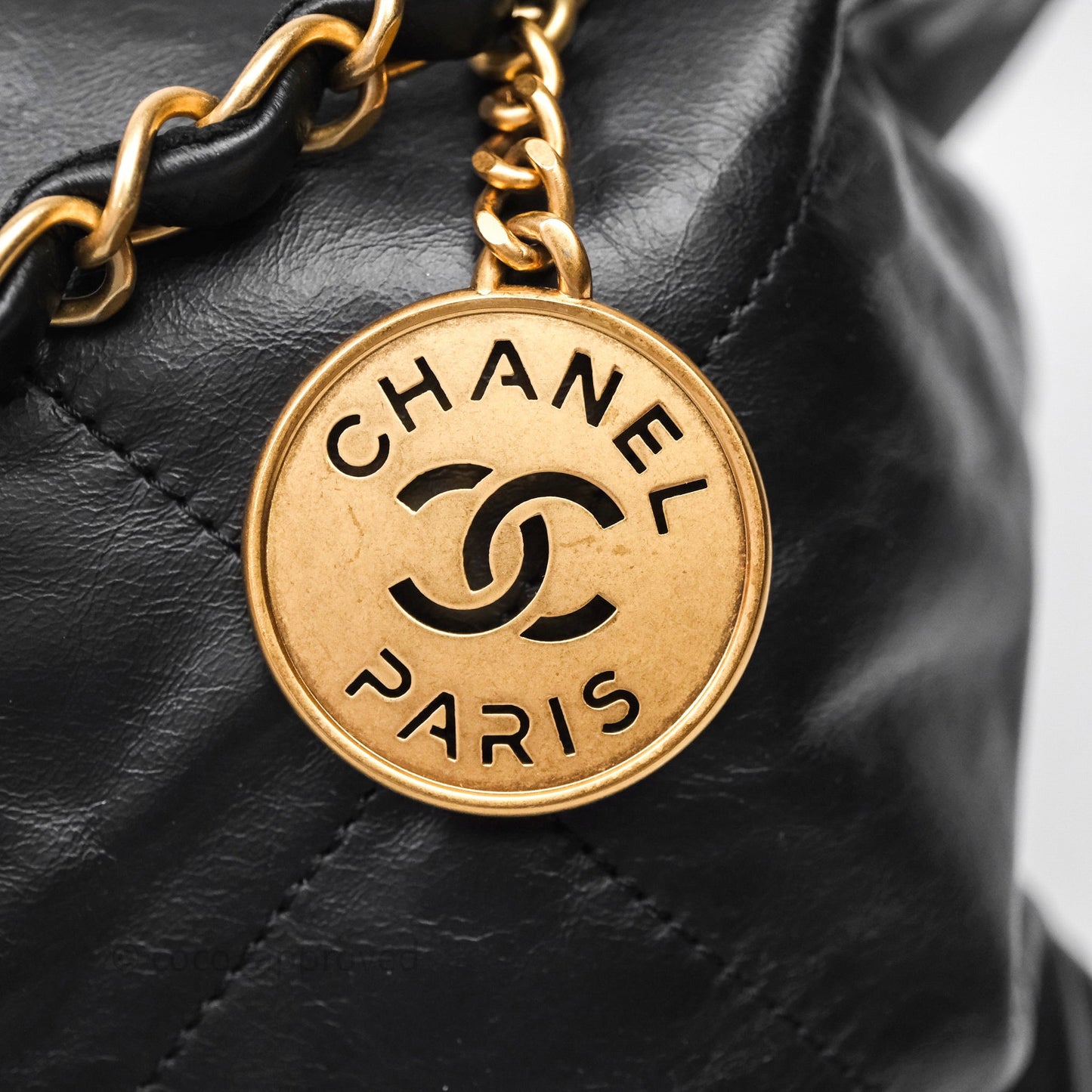 Chanel 22 Medium Black Crumpled Calfskin White Logo Aged Gold Hardware
