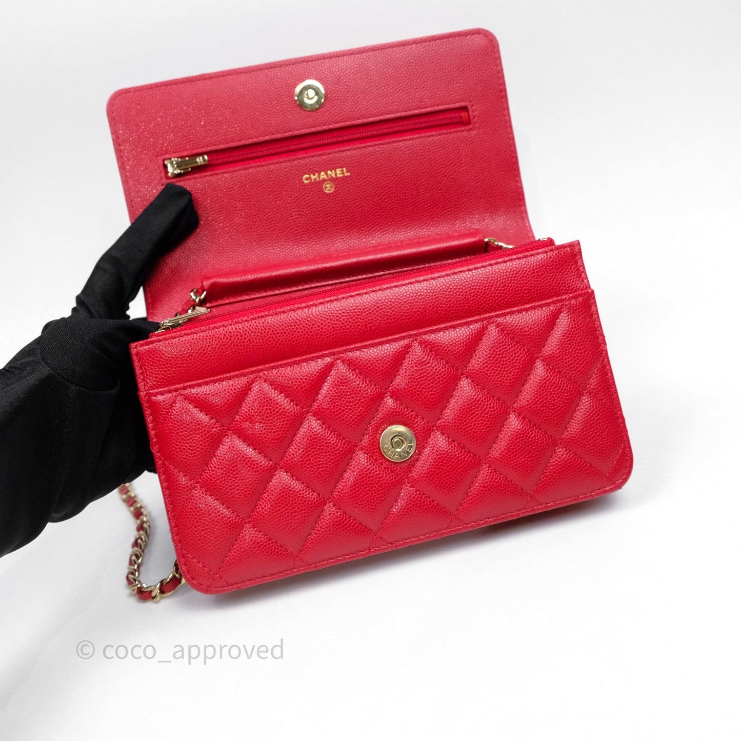 Chanel Quilted Classic Wallet on Chain WOC Red Caviar Gold Hardware