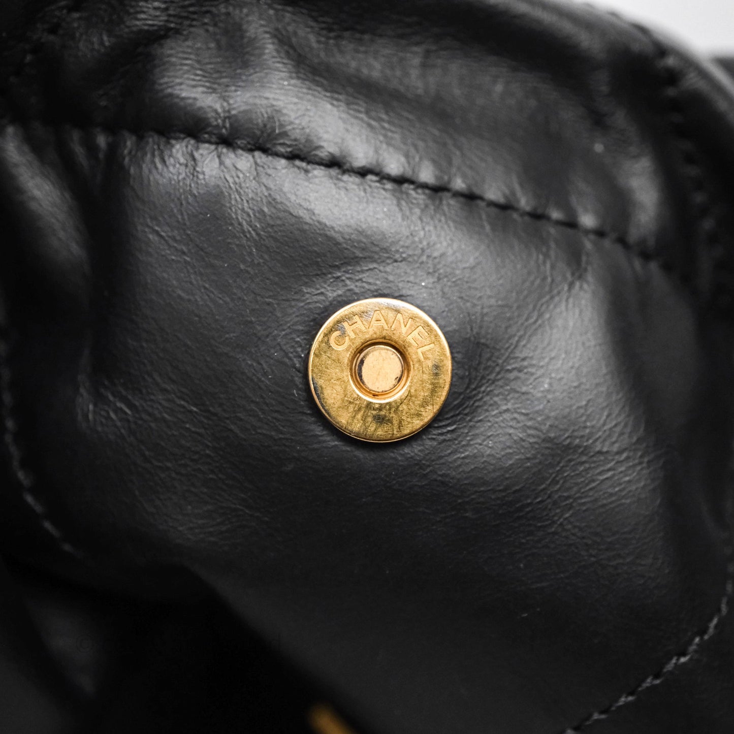 Chanel 22 Medium Black Crumpled Calfskin White Logo Aged Gold Hardware