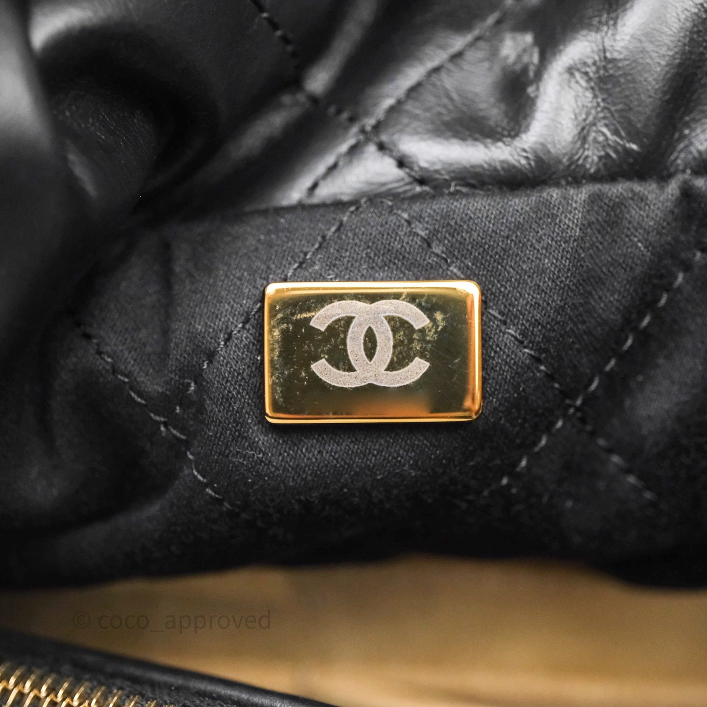 Chanel 22 Medium Black Crumpled Calfskin White Logo Aged Gold Hardware