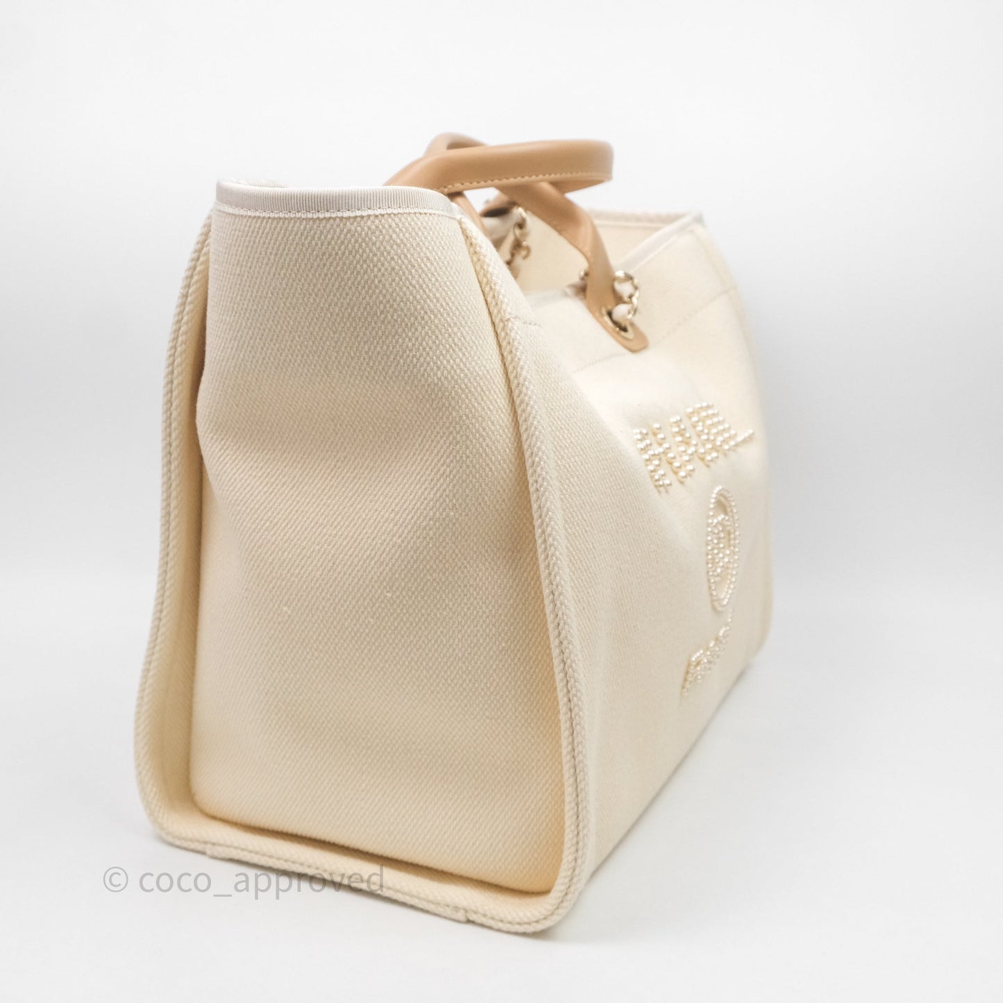 Chanel Large Deauville Light Beige Canvas Imitation Pearl