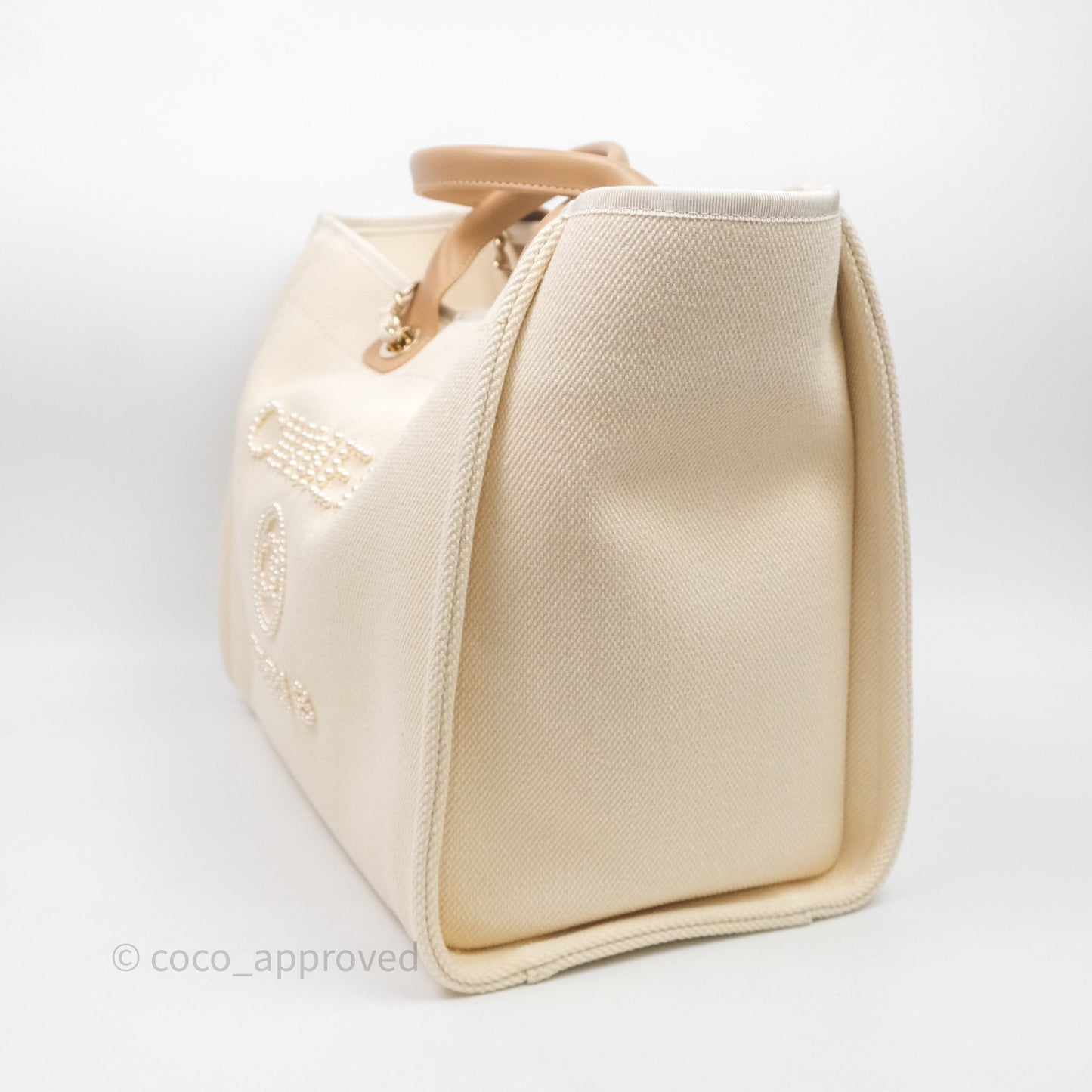 Chanel Large Deauville Light Beige Canvas Imitation Pearl