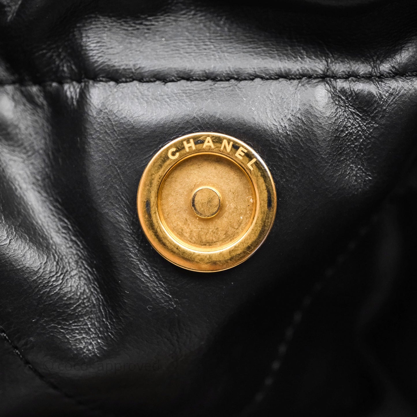 Chanel 22 Medium Black Crumpled Calfskin White Logo Aged Gold Hardware