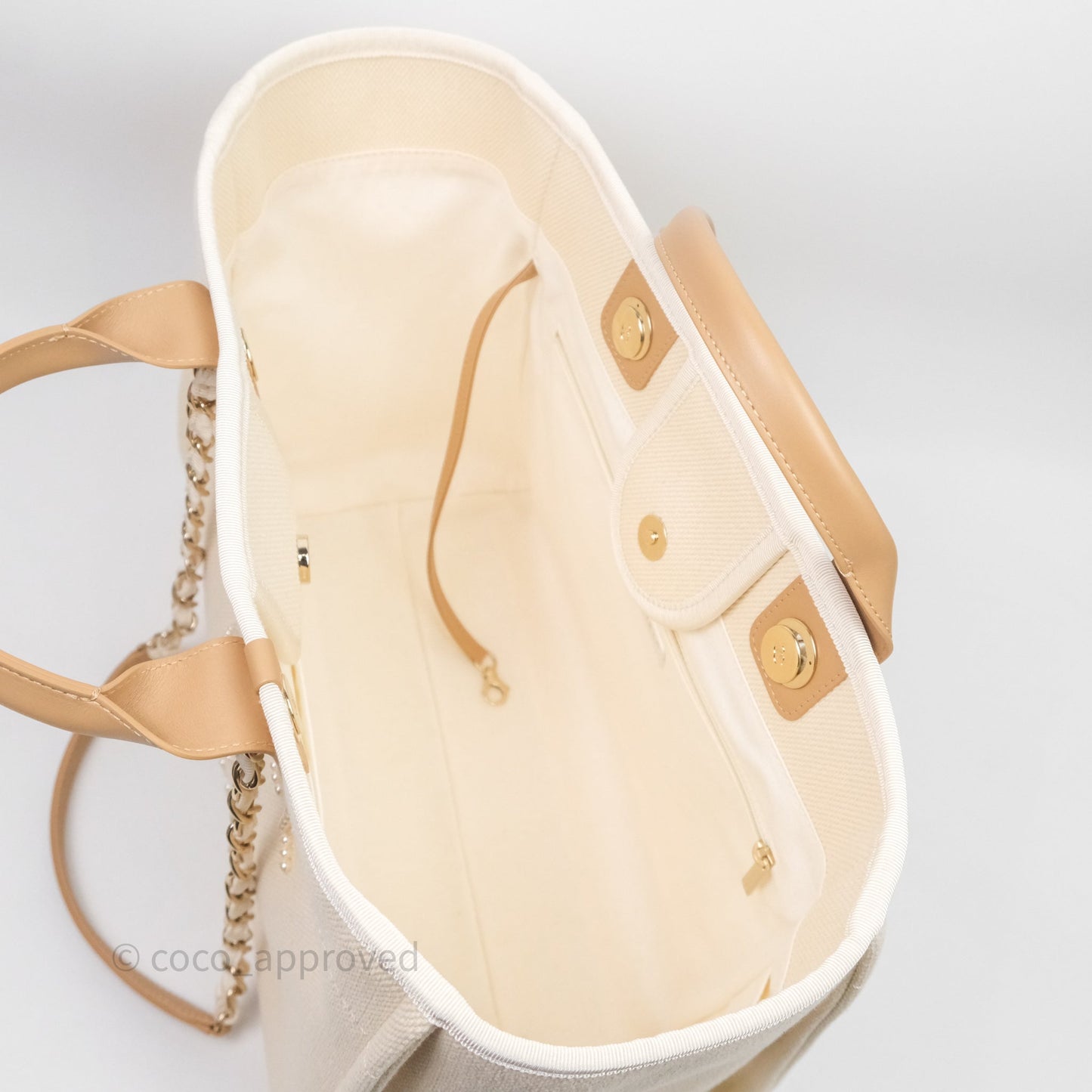 Chanel Large Deauville Light Beige Canvas Imitation Pearl