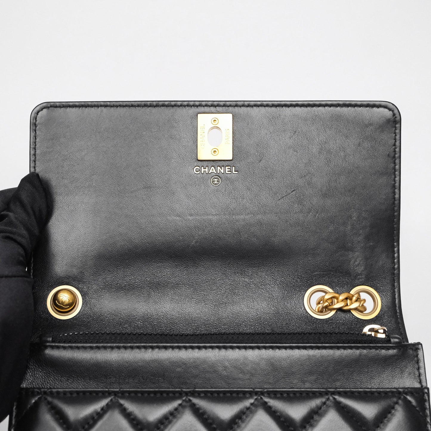 Chanel All Slide Wallet on Chain WOC Adjustable Chain Quilted Black Lambskin