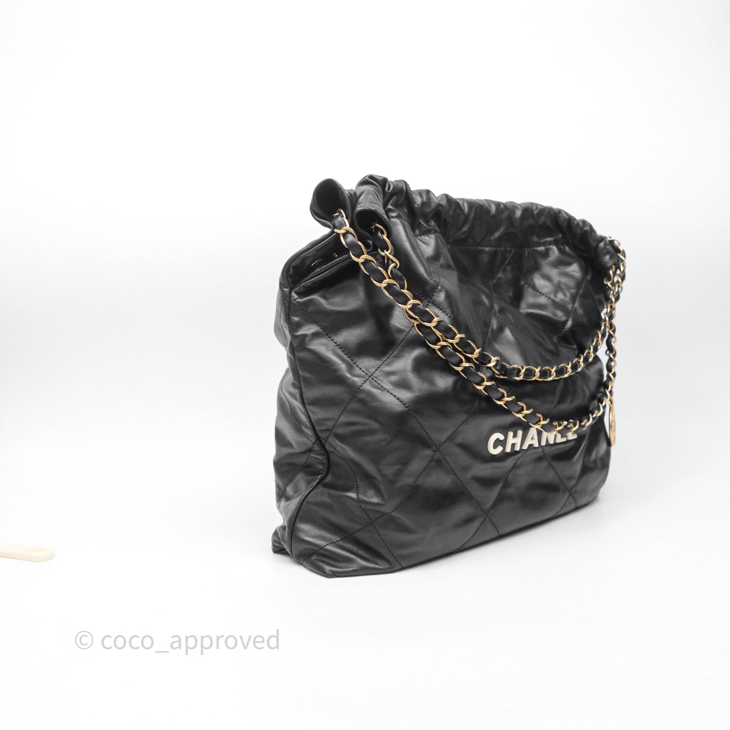 Chanel 22 Medium Black Crumpled Calfskin White Logo Aged Gold Hardware