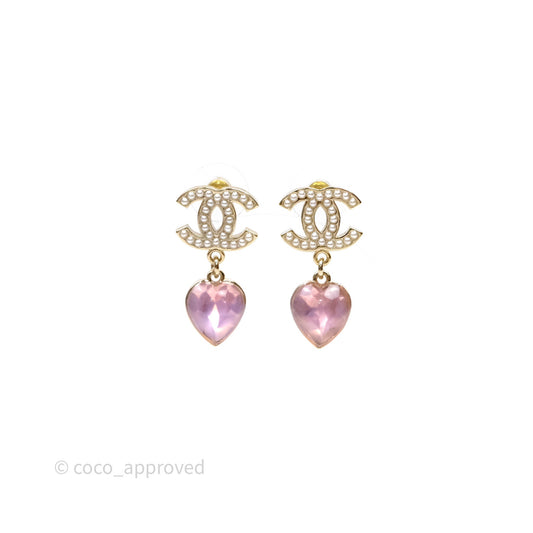 Chanel CC Crystal Heart Pink Drop Earrings 22B