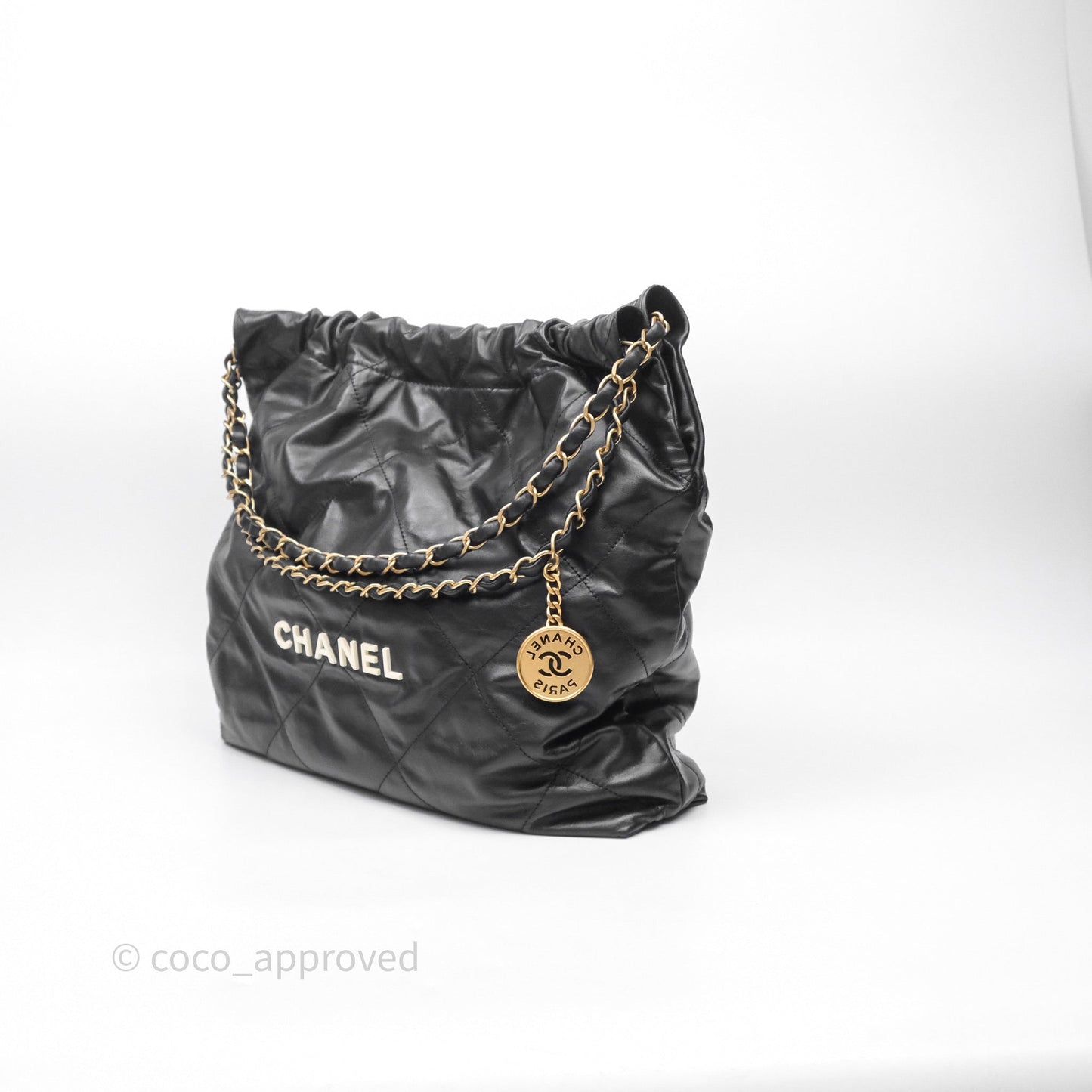 Chanel 22 Medium Black Crumpled Calfskin White Logo Aged Gold Hardware
