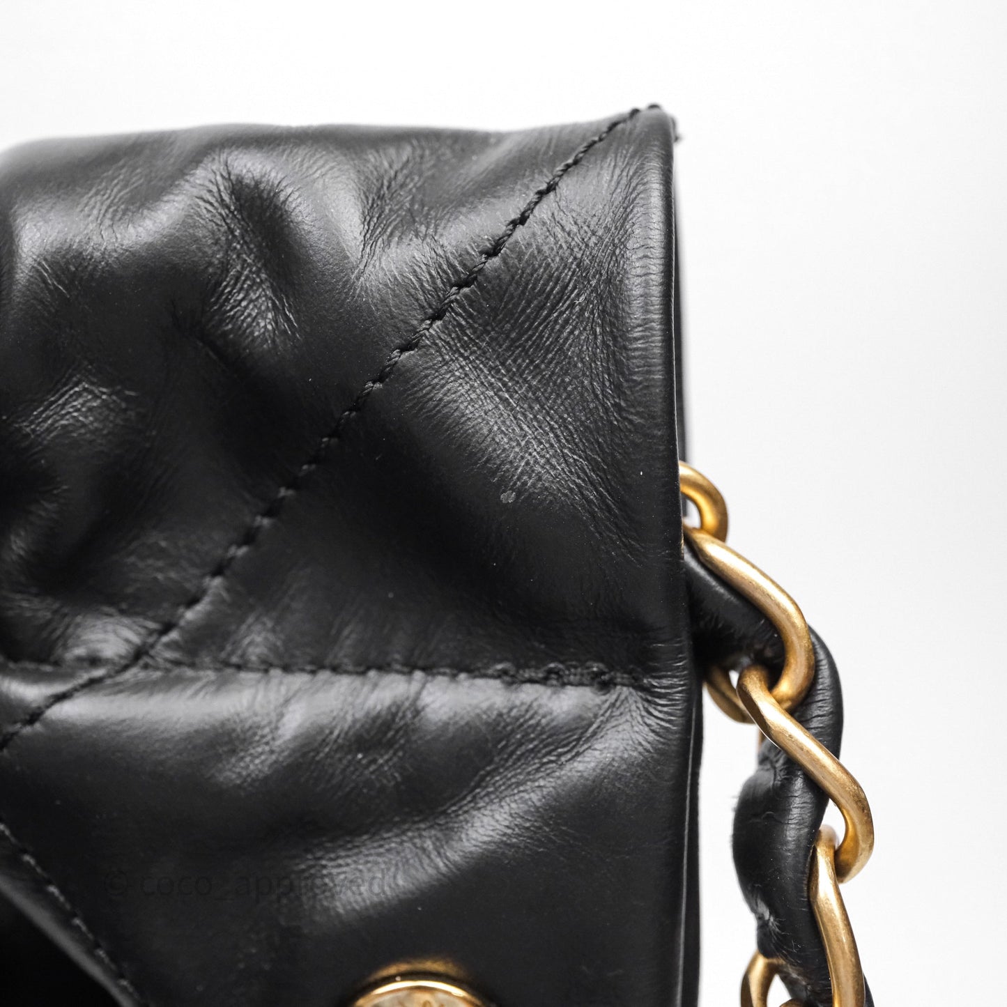 Chanel 22 Medium Black Crumpled Calfskin White Logo Aged Gold Hardware