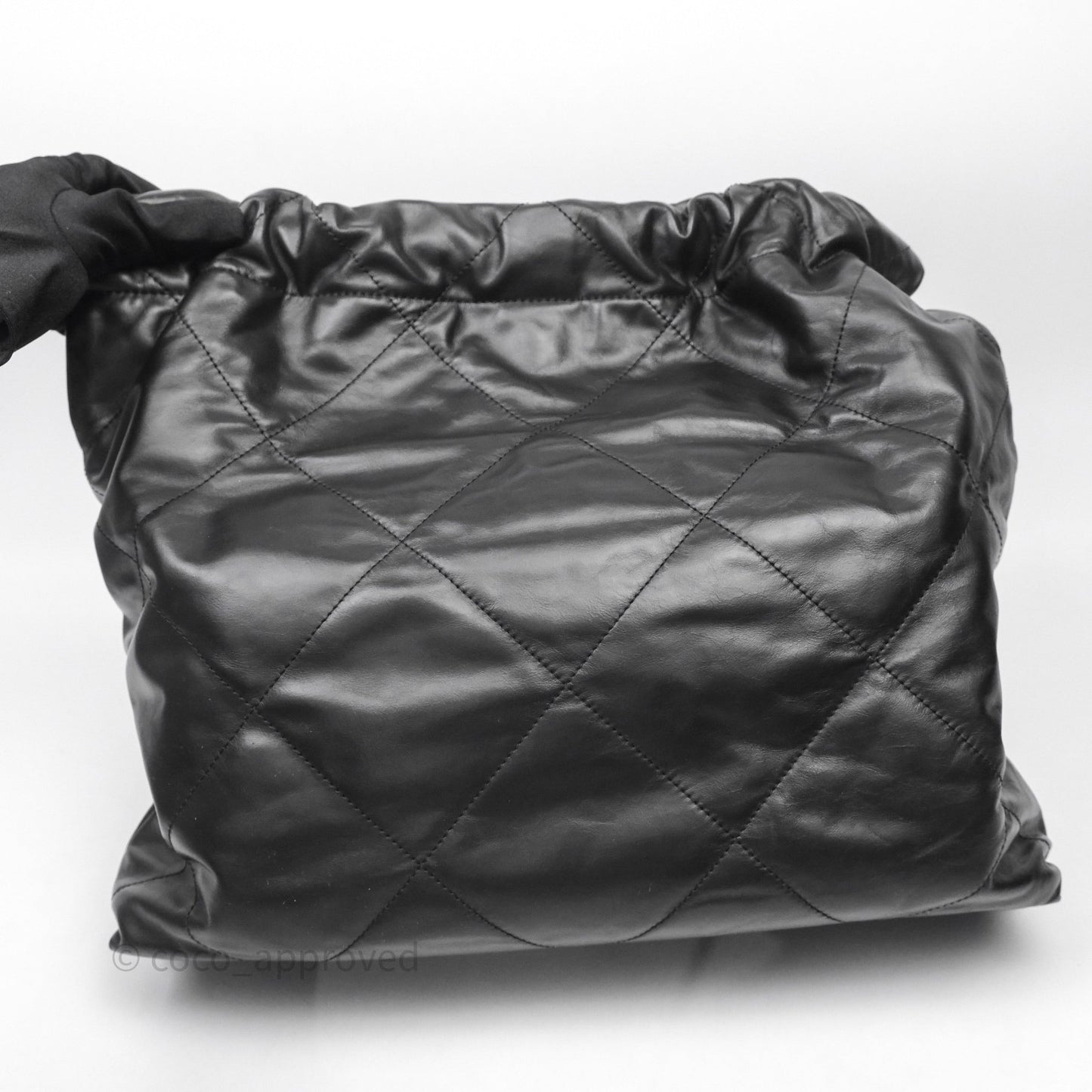Chanel 22 Medium Black Crumpled Calfskin White Logo Aged Gold Hardware