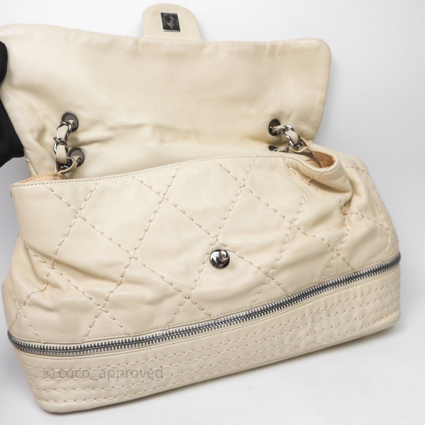 Chanel Expandable Ligne Flap Bag Ivory White Silver Hardware