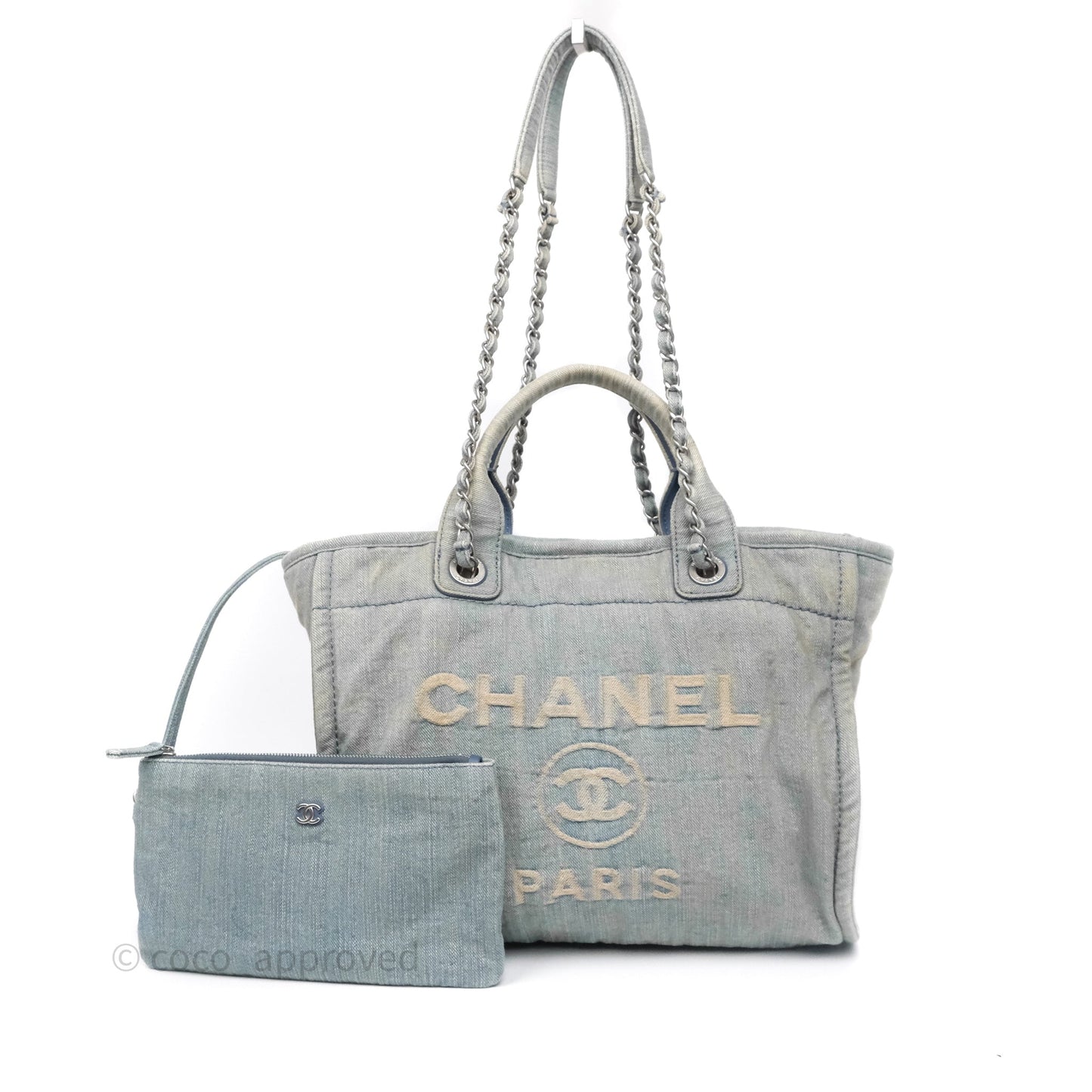 Chanel New Small Deauville Tote Denim Light Blue Aged Silver Hardware