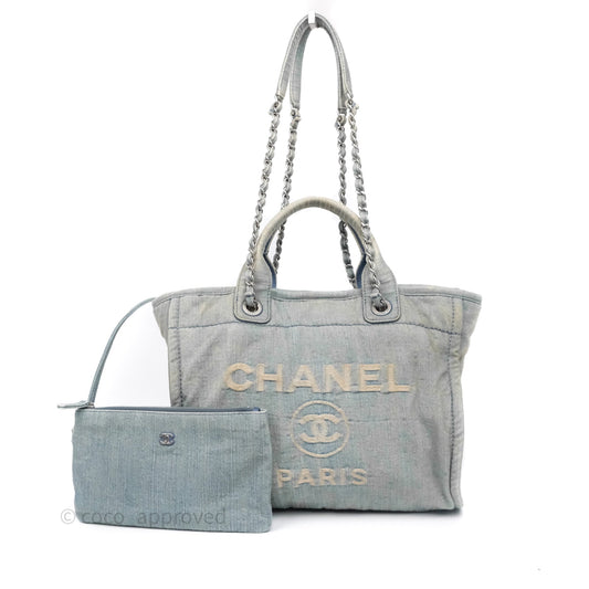 Chanel New Small Deauville Tote Denim Light Blue Aged Silver Hardware