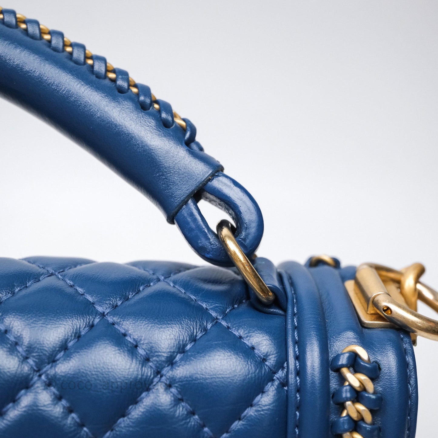 Chanel Quilted Medium Boy With Handle Blue Calfskin Aged Gold Hardware