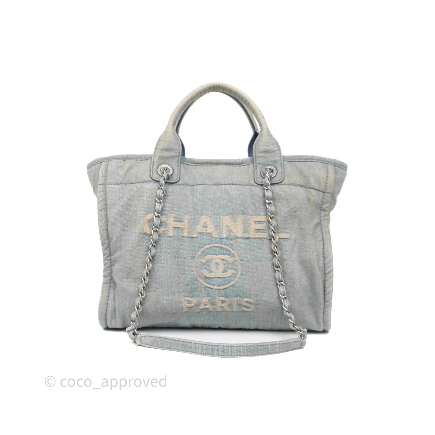 Chanel New Small Deauville Tote Denim Light Blue Aged Silver Hardware