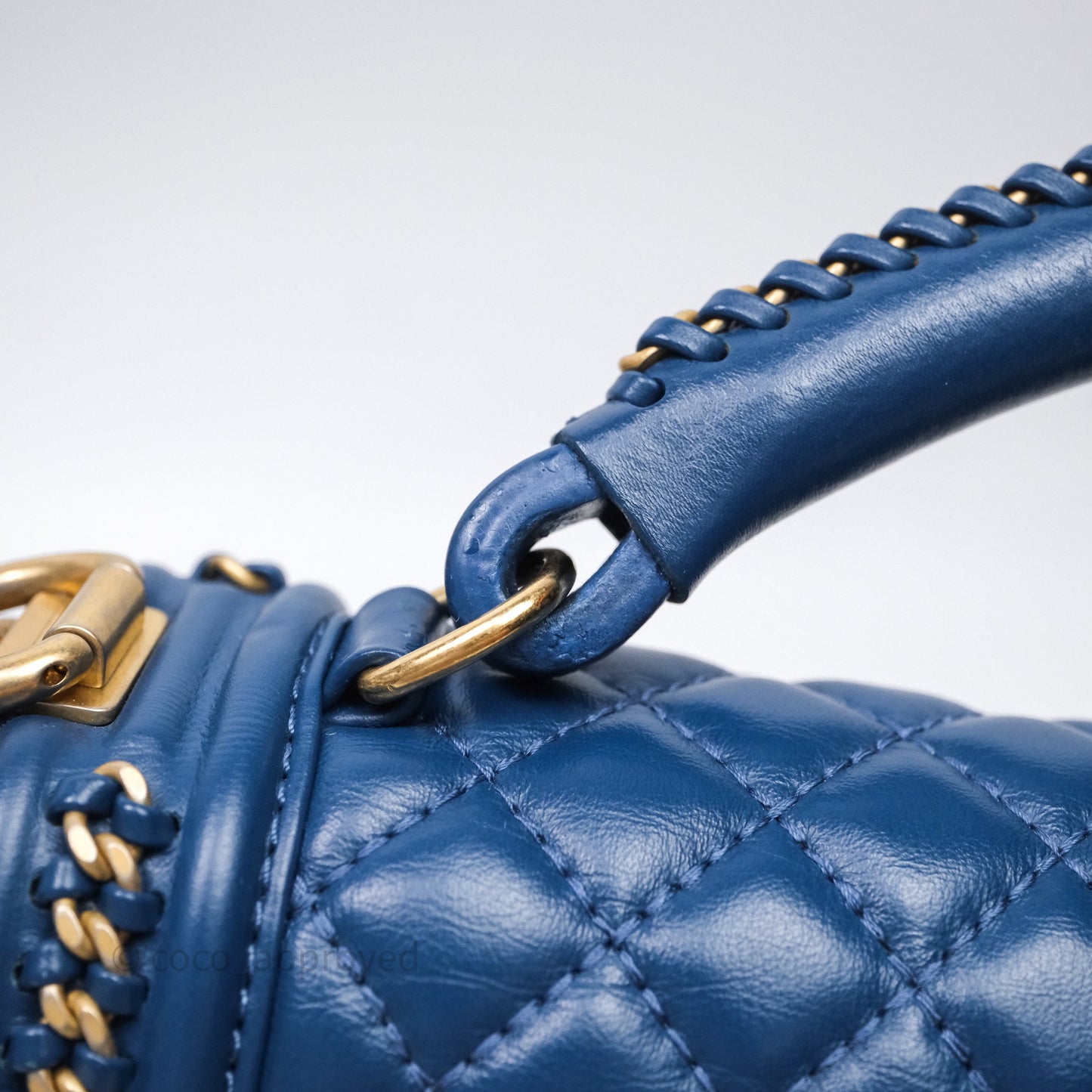 Chanel Quilted Medium Boy With Handle Blue Calfskin Aged Gold Hardware