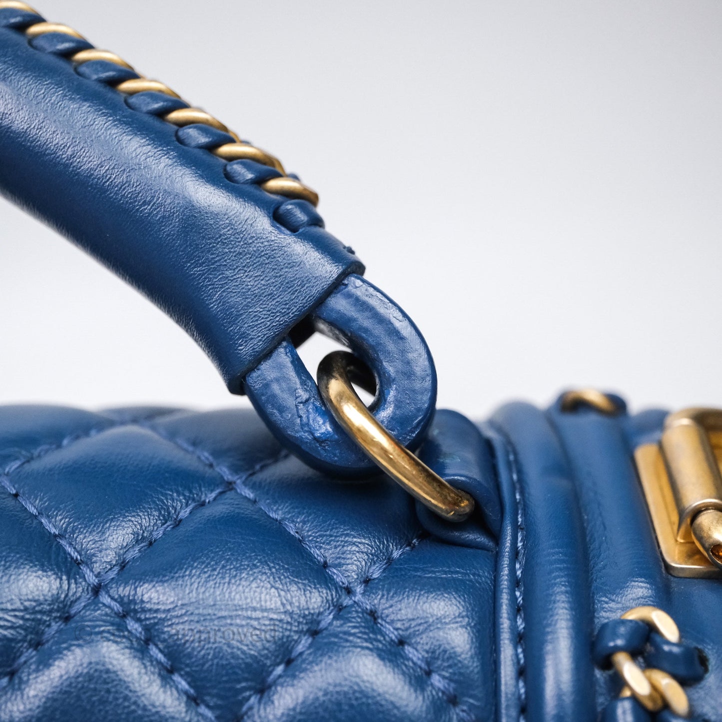 Chanel Quilted Medium Boy With Handle Blue Calfskin Aged Gold Hardware