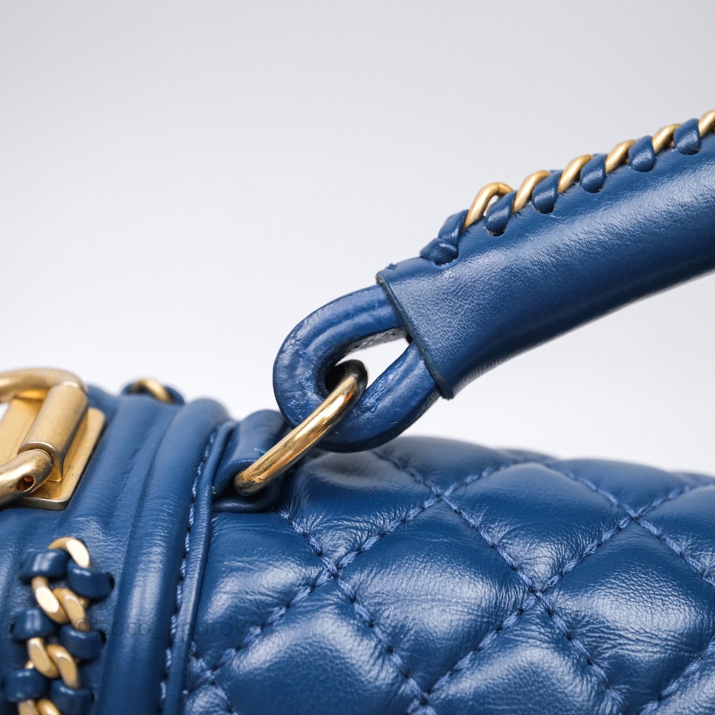 Chanel Quilted Medium Boy With Handle Blue Calfskin Aged Gold Hardware