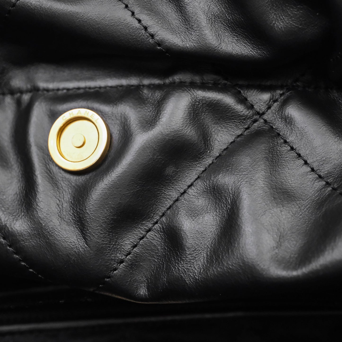 Chanel 22 Medium Black Crumpled Calfskin White Logo Aged Gold Hardware