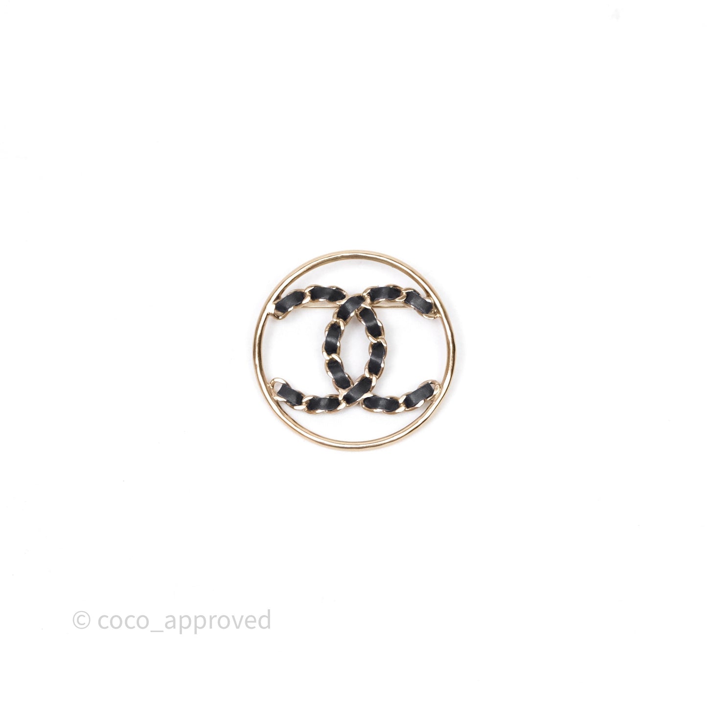 Chanel Black Leather CC Logo Brooch Gold Tone 19P