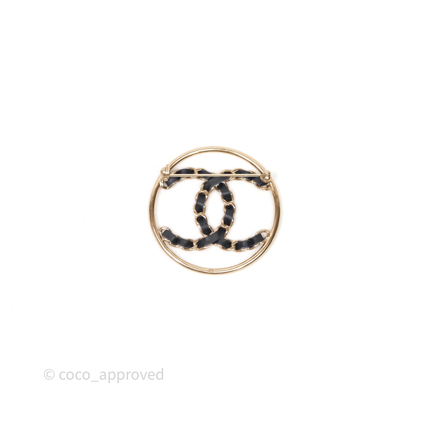 Chanel Black Leather CC Logo Brooch Gold Tone 19P