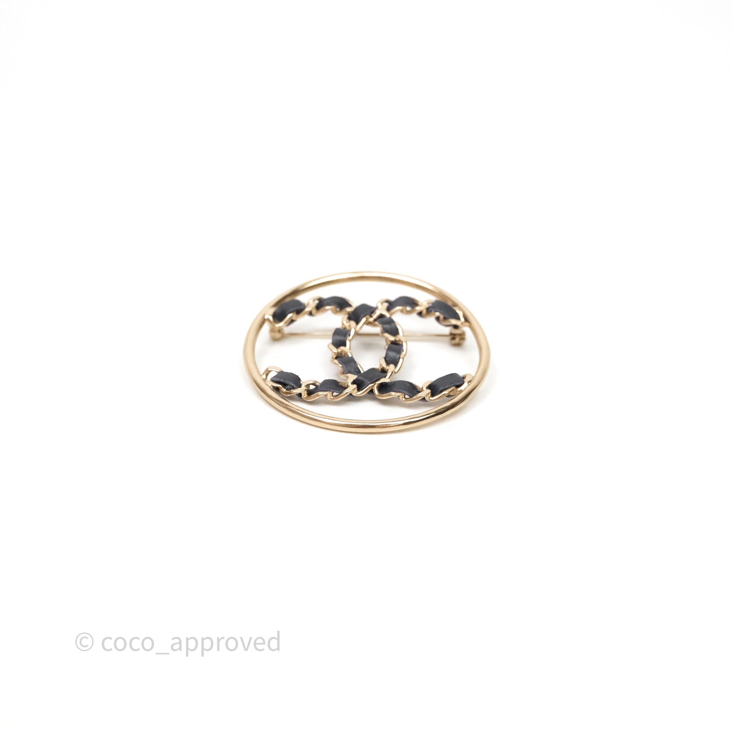 Chanel Black Leather CC Logo Brooch Gold Tone 19P