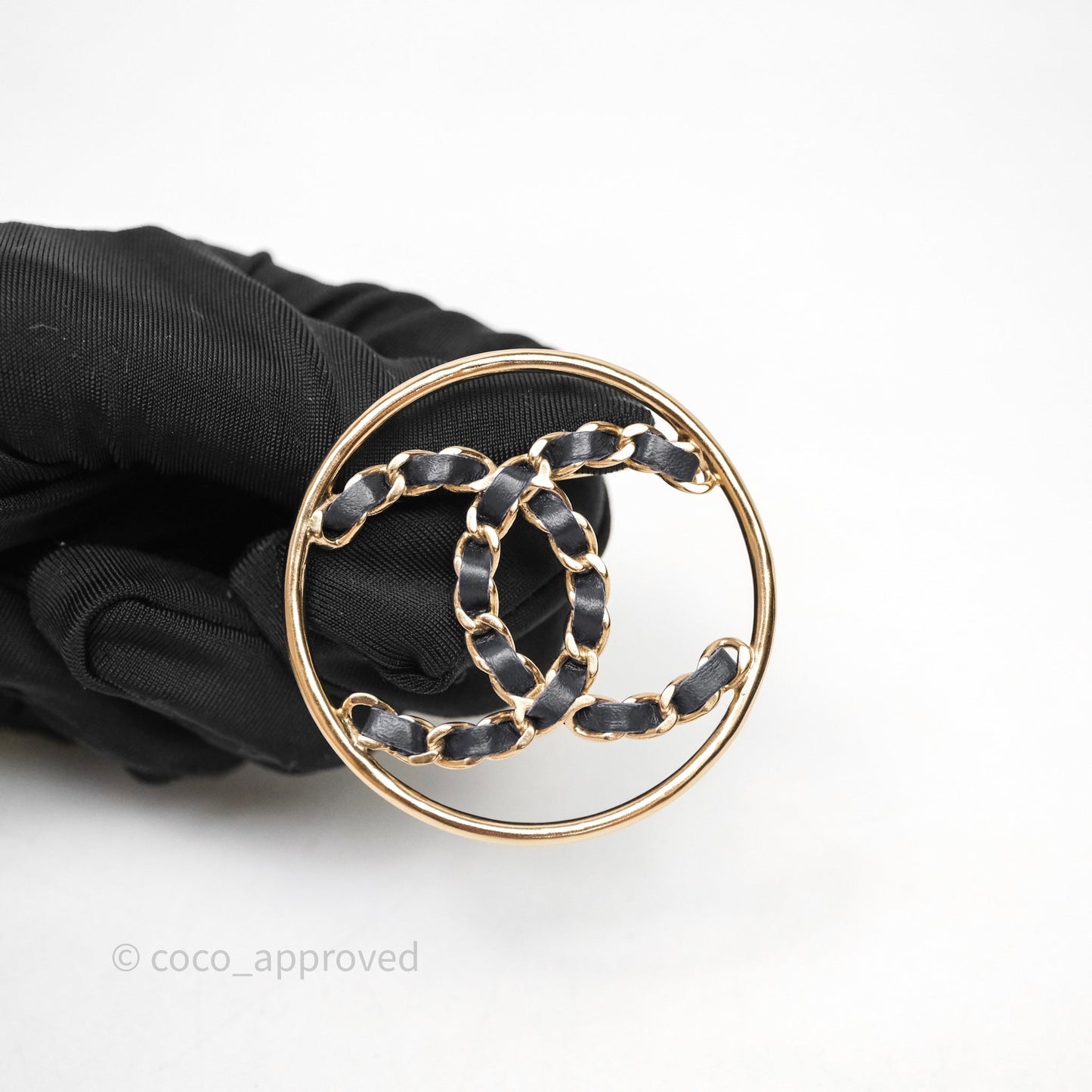 Chanel Black Leather CC Logo Brooch Gold Tone 19P
